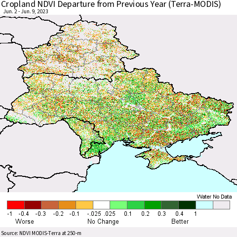 Ukraine, Moldova and Belarus Cropland NDVI Departure from Previous Year (Terra-MODIS) Thematic Map For 6/2/2023 - 6/9/2023