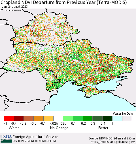 Ukraine, Moldova and Belarus Cropland NDVI Departure from Previous Year (Terra-MODIS) Thematic Map For 6/1/2023 - 6/10/2023