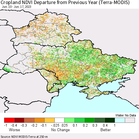 Ukraine, Moldova and Belarus Cropland NDVI Departure from Previous Year (Terra-MODIS) Thematic Map For 6/10/2023 - 6/17/2023