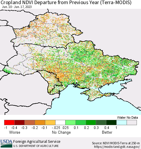 Ukraine, Moldova and Belarus Cropland NDVI Departure from Previous Year (Terra-MODIS) Thematic Map For 6/11/2023 - 6/20/2023