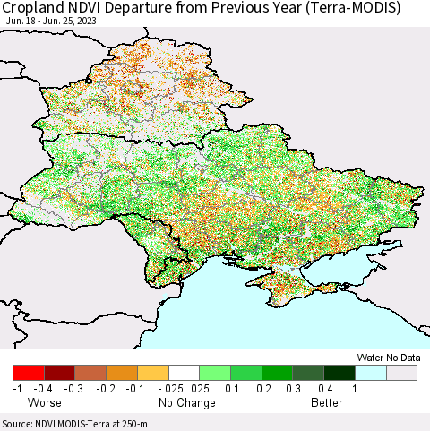 Ukraine, Moldova and Belarus Cropland NDVI Departure from Previous Year (Terra-MODIS) Thematic Map For 6/18/2023 - 6/25/2023