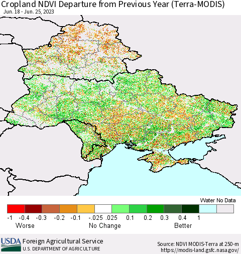 Ukraine, Moldova and Belarus Cropland NDVI Departure from Previous Year (Terra-MODIS) Thematic Map For 6/21/2023 - 6/30/2023