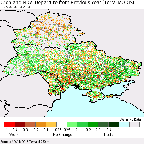 Ukraine, Moldova and Belarus Cropland NDVI Departure from Previous Year (Terra-MODIS) Thematic Map For 6/26/2023 - 7/3/2023