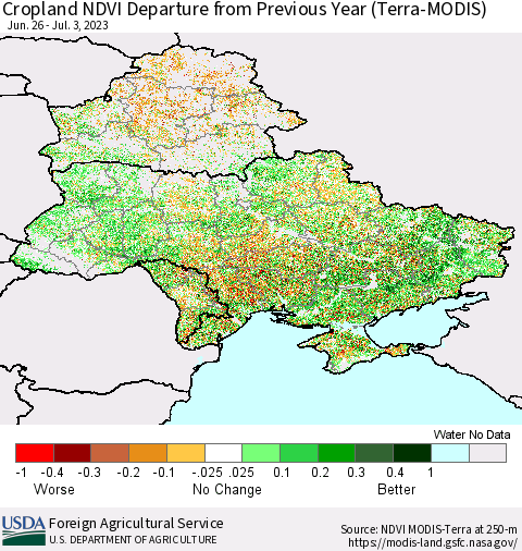 Ukraine, Moldova and Belarus Cropland NDVI Departure from Previous Year (Terra-MODIS) Thematic Map For 7/1/2023 - 7/10/2023