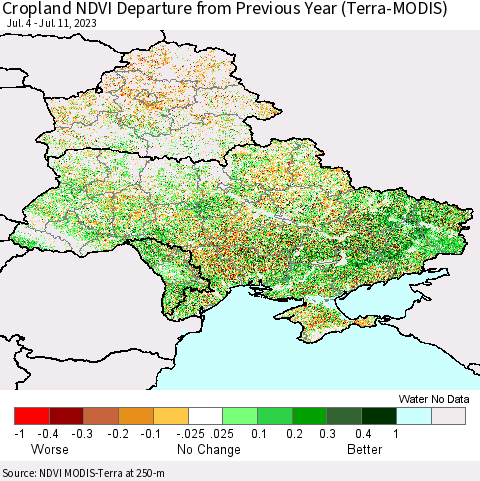 Ukraine, Moldova and Belarus Cropland NDVI Departure from Previous Year (Terra-MODIS) Thematic Map For 7/4/2023 - 7/11/2023