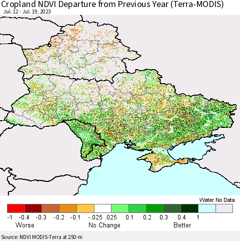 Ukraine, Moldova and Belarus Cropland NDVI Departure from Previous Year (Terra-MODIS) Thematic Map For 7/12/2023 - 7/19/2023