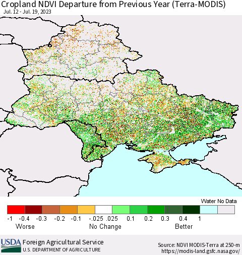 Ukraine, Moldova and Belarus Cropland NDVI Departure from Previous Year (Terra-MODIS) Thematic Map For 7/11/2023 - 7/20/2023