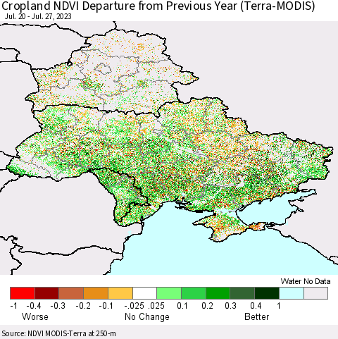Ukraine, Moldova and Belarus Cropland NDVI Departure from Previous Year (Terra-MODIS) Thematic Map For 7/20/2023 - 7/27/2023