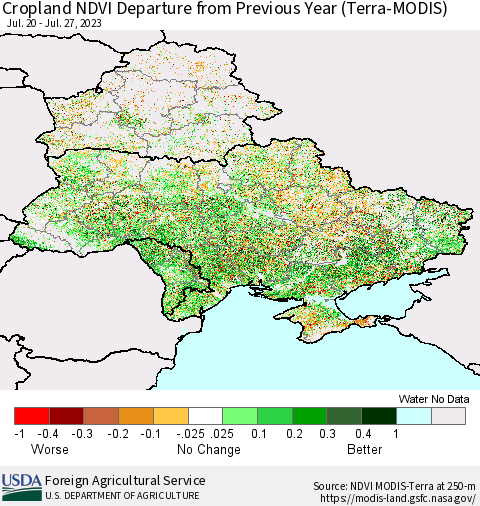 Ukraine, Moldova and Belarus Cropland NDVI Departure from Previous Year (Terra-MODIS) Thematic Map For 7/21/2023 - 7/31/2023