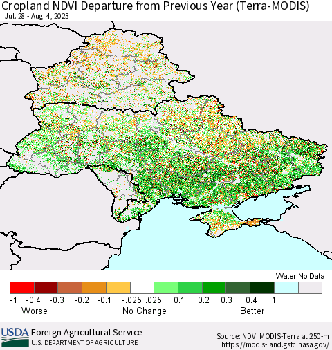 Ukraine, Moldova and Belarus Cropland NDVI Departure from Previous Year (Terra-MODIS) Thematic Map For 8/1/2023 - 8/10/2023