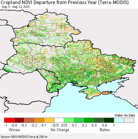 Ukraine, Moldova and Belarus Cropland NDVI Departure from Previous Year (Terra-MODIS) Thematic Map For 8/5/2023 - 8/12/2023