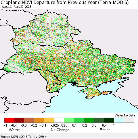 Ukraine, Moldova and Belarus Cropland NDVI Departure from Previous Year (Terra-MODIS) Thematic Map For 8/11/2023 - 8/20/2023