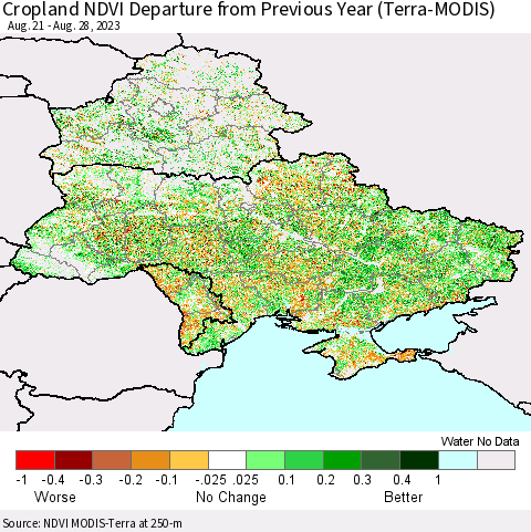 Ukraine, Moldova and Belarus Cropland NDVI Departure from Previous Year (Terra-MODIS) Thematic Map For 8/21/2023 - 8/28/2023