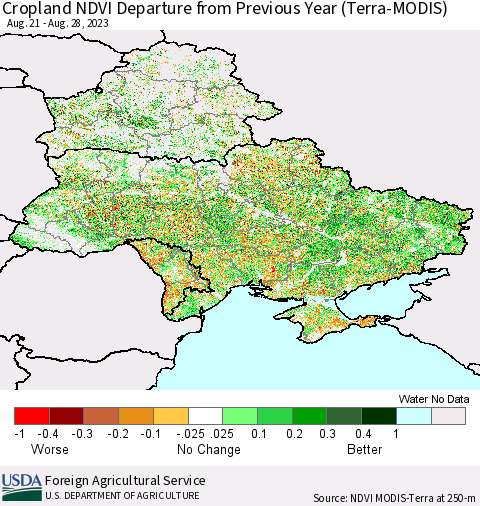 Ukraine, Moldova and Belarus Cropland NDVI Departure from Previous Year (Terra-MODIS) Thematic Map For 8/21/2023 - 8/31/2023