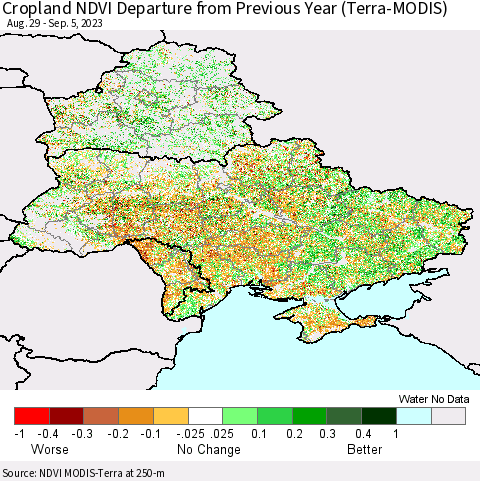 Ukraine, Moldova and Belarus Cropland NDVI Departure from Previous Year (Terra-MODIS) Thematic Map For 8/29/2023 - 9/5/2023