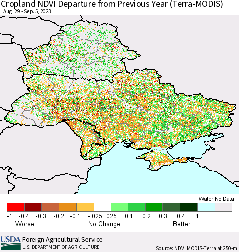 Ukraine, Moldova and Belarus Cropland NDVI Departure from Previous Year (Terra-MODIS) Thematic Map For 9/1/2023 - 9/10/2023