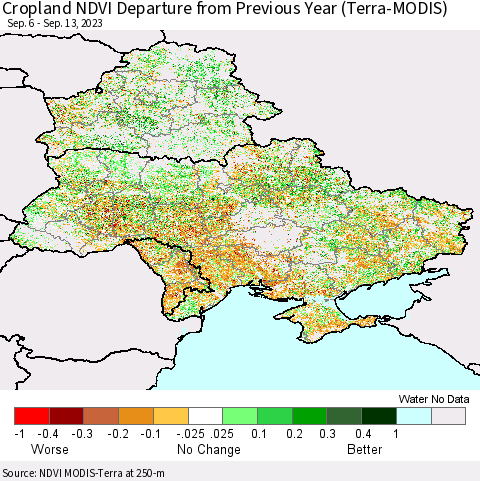 Ukraine, Moldova and Belarus Cropland NDVI Departure from Previous Year (Terra-MODIS) Thematic Map For 9/6/2023 - 9/13/2023