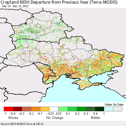 Ukraine, Moldova and Belarus Cropland NDVI Departure from Previous Year (Terra-MODIS) Thematic Map For 9/14/2023 - 9/21/2023