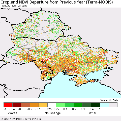 Ukraine, Moldova and Belarus Cropland NDVI Departure from Previous Year (Terra-MODIS) Thematic Map For 9/22/2023 - 9/29/2023
