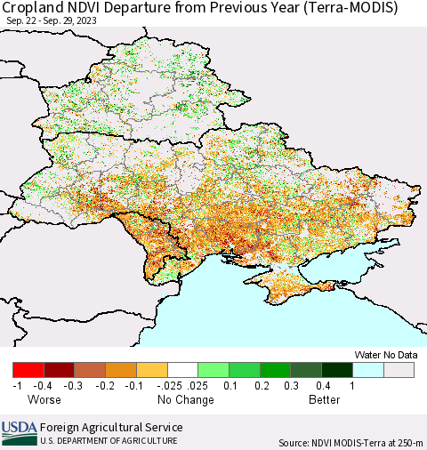 Ukraine, Moldova and Belarus Cropland NDVI Departure from Previous Year (Terra-MODIS) Thematic Map For 9/21/2023 - 9/30/2023
