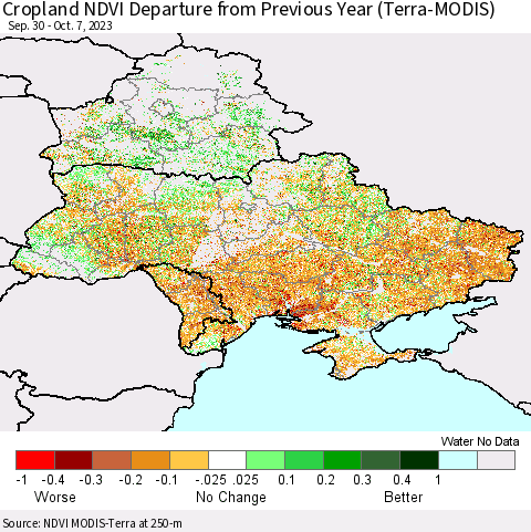 Ukraine, Moldova and Belarus Cropland NDVI Departure from Previous Year (Terra-MODIS) Thematic Map For 9/30/2023 - 10/7/2023