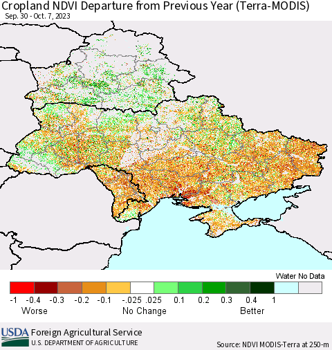 Ukraine, Moldova and Belarus Cropland NDVI Departure from Previous Year (Terra-MODIS) Thematic Map For 10/1/2023 - 10/10/2023