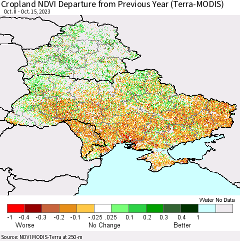 Ukraine, Moldova and Belarus Cropland NDVI Departure from Previous Year (Terra-MODIS) Thematic Map For 10/8/2023 - 10/15/2023