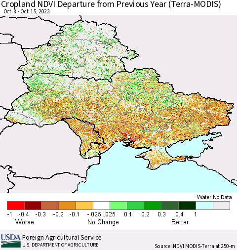 Ukraine, Moldova and Belarus Cropland NDVI Departure from Previous Year (Terra-MODIS) Thematic Map For 10/11/2023 - 10/20/2023