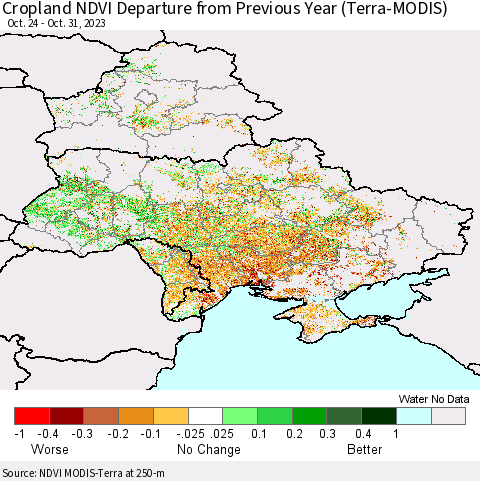 Ukraine, Moldova and Belarus Cropland NDVI Departure from Previous Year (Terra-MODIS) Thematic Map For 10/21/2023 - 10/31/2023
