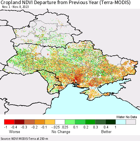 Ukraine, Moldova and Belarus Cropland NDVI Departure from Previous Year (Terra-MODIS) Thematic Map For 11/1/2023 - 11/8/2023