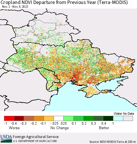 Ukraine, Moldova and Belarus Cropland NDVI Departure from Previous Year (Terra-MODIS) Thematic Map For 11/1/2023 - 11/10/2023