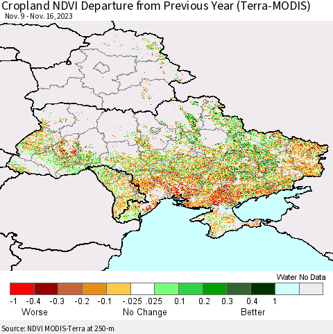 Ukraine, Moldova and Belarus Cropland NDVI Departure from Previous Year (Terra-MODIS) Thematic Map For 11/9/2023 - 11/16/2023