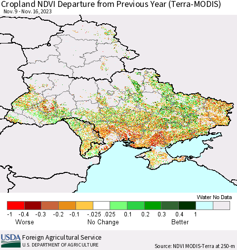 Ukraine, Moldova and Belarus Cropland NDVI Departure from Previous Year (Terra-MODIS) Thematic Map For 11/11/2023 - 11/20/2023