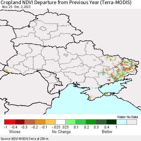 Ukraine, Moldova and Belarus Cropland NDVI Departure from Previous Year (Terra-MODIS) Thematic Map For 11/25/2023 - 12/2/2023
