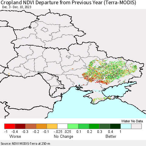 Ukraine, Moldova and Belarus Cropland NDVI Departure from Previous Year (Terra-MODIS) Thematic Map For 12/3/2023 - 12/10/2023