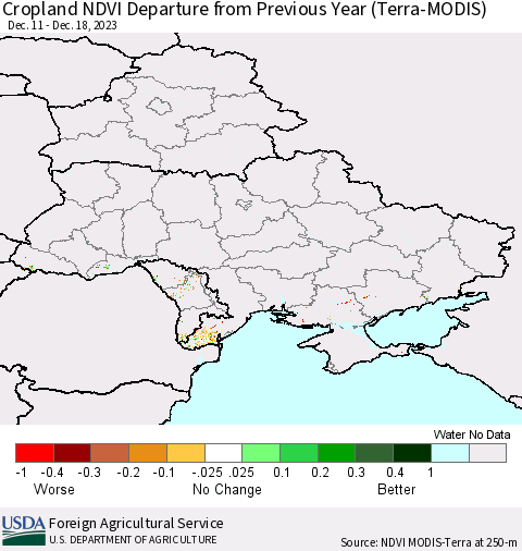 Ukraine, Moldova and Belarus Cropland NDVI Departure from Previous Year (Terra-MODIS) Thematic Map For 12/11/2023 - 12/20/2023