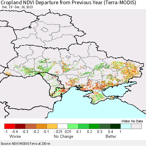 Ukraine, Moldova and Belarus Cropland NDVI Departure from Previous Year (Terra-MODIS) Thematic Map For 12/19/2023 - 12/26/2023