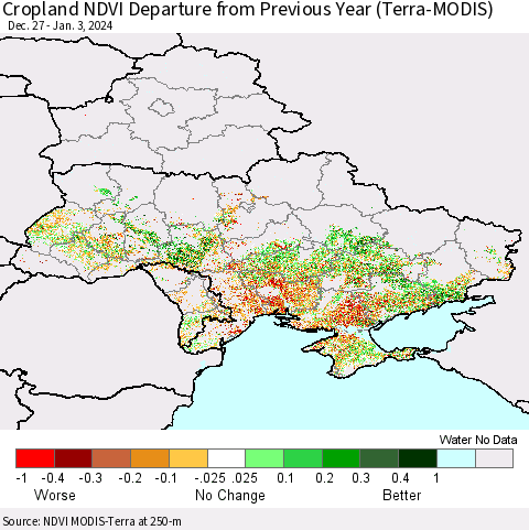 Ukraine, Moldova and Belarus Cropland NDVI Departure from Previous Year (Terra-MODIS) Thematic Map For 12/27/2023 - 1/3/2024