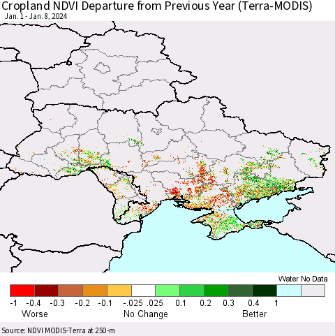 Ukraine, Moldova and Belarus Cropland NDVI Departure from Previous Year (Terra-MODIS) Thematic Map For 1/1/2024 - 1/8/2024