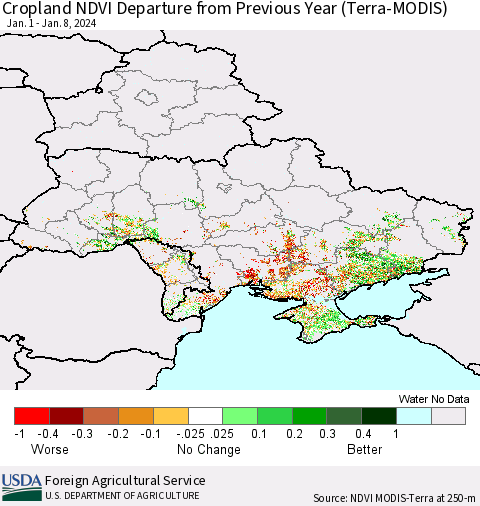 Ukraine, Moldova and Belarus Cropland NDVI Departure from Previous Year (Terra-MODIS) Thematic Map For 1/1/2024 - 1/10/2024