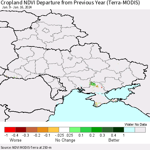 Ukraine, Moldova and Belarus Cropland NDVI Departure from Previous Year (Terra-MODIS) Thematic Map For 1/9/2024 - 1/16/2024