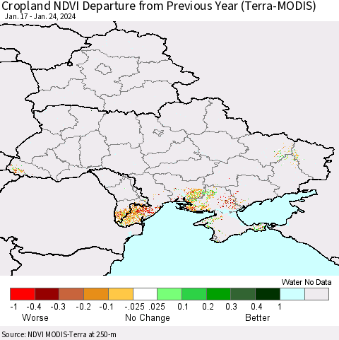 Ukraine, Moldova and Belarus Cropland NDVI Departure from Previous Year (Terra-MODIS) Thematic Map For 1/17/2024 - 1/24/2024