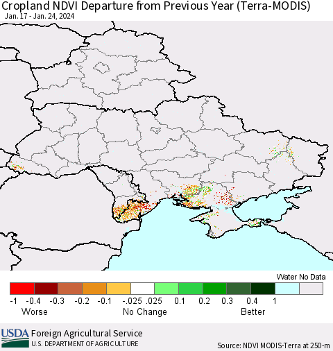 Ukraine, Moldova and Belarus Cropland NDVI Departure from Previous Year (Terra-MODIS) Thematic Map For 1/21/2024 - 1/31/2024