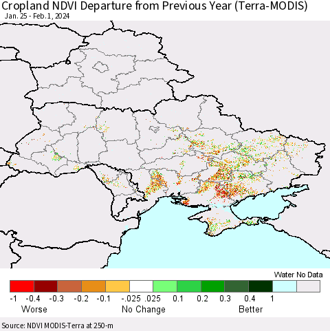 Ukraine, Moldova and Belarus Cropland NDVI Departure from Previous Year (Terra-MODIS) Thematic Map For 1/25/2024 - 2/1/2024
