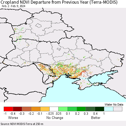 Ukraine, Moldova and Belarus Cropland NDVI Departure from Previous Year (Terra-MODIS) Thematic Map For 2/2/2024 - 2/9/2024