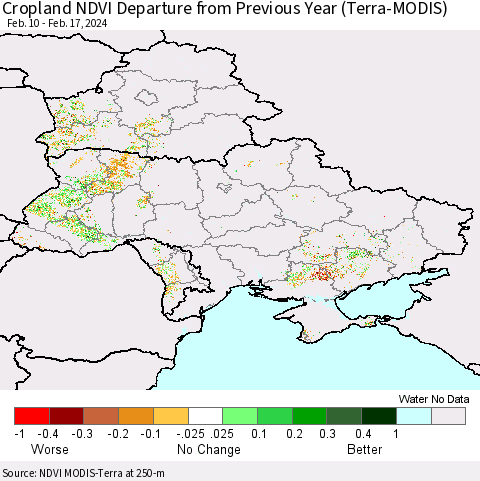Ukraine, Moldova and Belarus Cropland NDVI Departure from Previous Year (Terra-MODIS) Thematic Map For 2/10/2024 - 2/17/2024