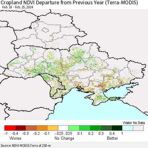 Ukraine, Moldova and Belarus Cropland NDVI Departure from Previous Year (Terra-MODIS) Thematic Map For 2/18/2024 - 2/25/2024