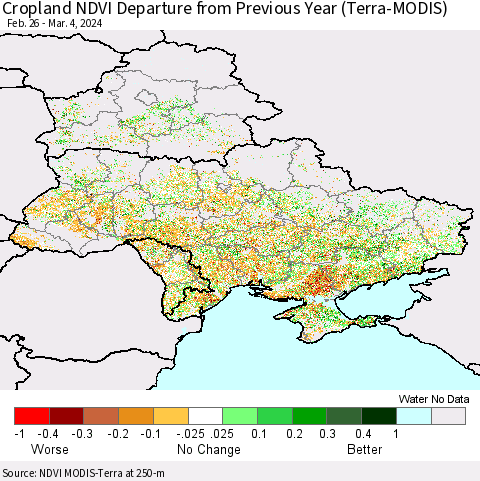 Ukraine, Moldova and Belarus Cropland NDVI Departure from Previous Year (Terra-MODIS) Thematic Map For 2/26/2024 - 3/4/2024