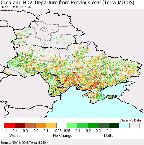 Ukraine, Moldova and Belarus Cropland NDVI Departure from Previous Year (Terra-MODIS) Thematic Map For 3/5/2024 - 3/12/2024