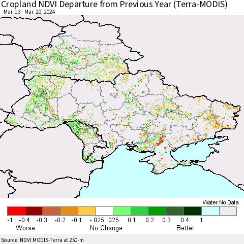 Ukraine, Moldova and Belarus Cropland NDVI Departure from Previous Year (Terra-MODIS) Thematic Map For 3/13/2024 - 3/20/2024